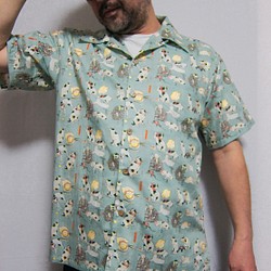 CHIGRACCI“Nyaroha 襯衫”貓圖案 Aloha 襯衫 / 原創印花 / Kuniyoshi 綠色圖案 2 第1張的照片