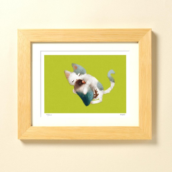 【プチアートフレーム】猫とぬいぐるみインコ 1枚目の画像