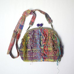 【個性的】さをり織り フリンジ がまぐちバッグ 1枚目の画像