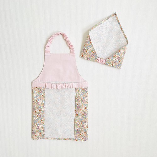 自分で着れるキッズエプロン 三角巾付き 小花柄×ピンク レッスンバッグ 