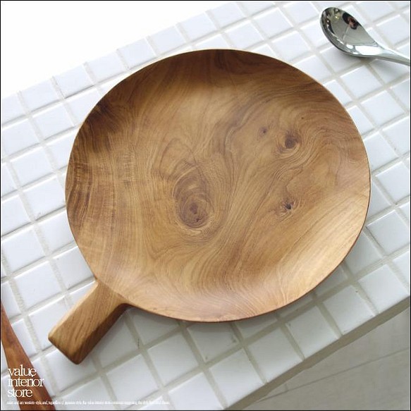 チーク材 ハンドルプレート丸 木皿 ディッシュ お皿 パンプレート 中皿 総無垢 ナチュラル ウッドディッシュ 木製皿