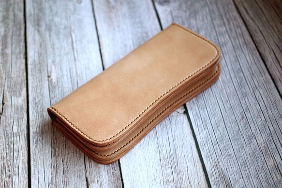 【送料無料】本革スマートシンプル谷型長財布（受注制作）手縫いヌメ革ナチュラル