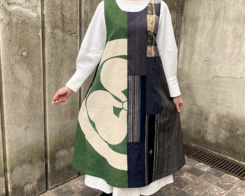 着物リメイク　久留米絣　Aラインジャンパースカート　ゆったりサイズ布団皮