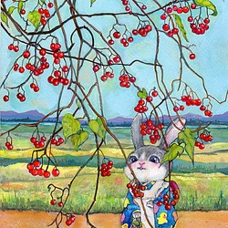 秋の福袋　うさぎさんの好きな方へＡ４額付きイラスト「姉妹」とうさぎさんオリジナルカード 1枚目の画像