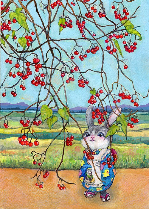 秋の福袋　うさぎさんの好きな方へＡ４額付きイラスト「姉妹」とうさぎさんオリジナルカード 1枚目の画像
