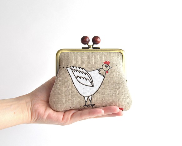 Kiss lock purse (M) - "Rooster" - Linen [728] 第1張的照片