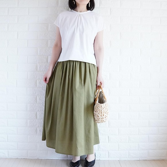 【サテンコットン艶スカート】【カーキ】まるでシルクのようなギャザースカート かるいマキシ丈スカート