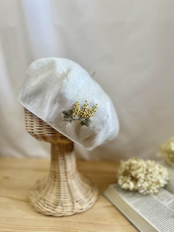 キッズ】フレンチリネンのミモザ手刺繍 ベレー帽 春夏秋 麻 リンク