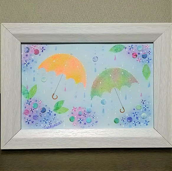 パステルアート　雨光り傘踊る梅雨景色　パステル画原画 1枚目の画像