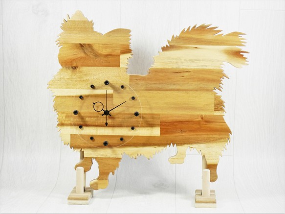 犬形時計　パピヨン【木製（アカシア集成材）】（掛け時計） 1枚目の画像