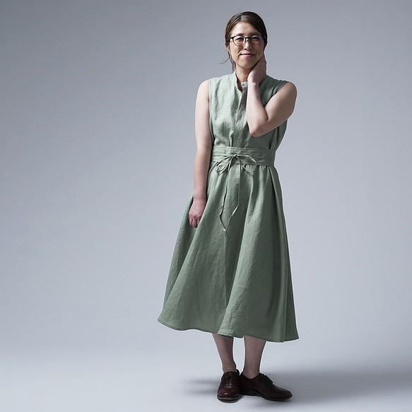 wafu】Linen dress リネンワンピーススタンドカラー ドレス