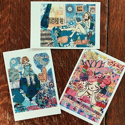 再販(前販売分から紙質が変わりました)リバティプリントコラージュのポストカードセット*送料無料*ブルー系ピンク系 ３枚 1枚目の画像