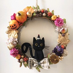 【早期割り】黒猫ちゃんのハロウィンリース 小さめ*.+゜ 造花リース
