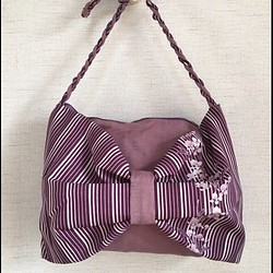 着物 リメイク ネジネジ紐とリボン 紫ショルダーバッグ ② 1枚目の画像