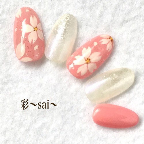 桜ネイル/ピンク×ホワイト/フラワーネイル ネイルチップ（つけ爪） 彩 