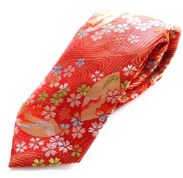 和柄　高級ネクタイ　金襴布利用　おしゃれで和の一本です。＜赤金らん＞ 1枚目の画像