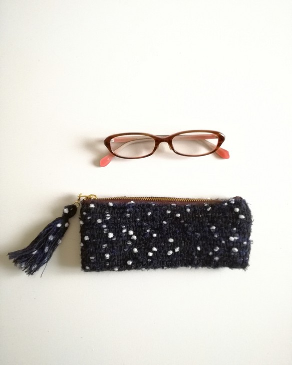 『雪の夜に』noriko tweed　めがねポーチ　手織り 　眼鏡ケース 　コスメ　 1枚目の画像