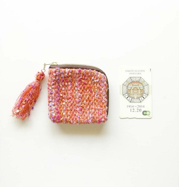 『フルーツトマト』　noriko tweed　 カードポーチ　手織り  コスメ　コイン　　 1枚目の画像