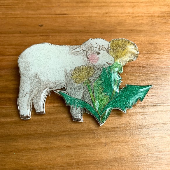 【受注生産】タンポポと羊の原画ブローチ 1枚目の画像