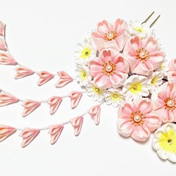 桜 つまみ細工の髪飾り 簪とＵピン ８点セット【ピンク･白･黄色】 1枚目の画像