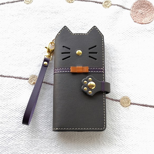 leather sumyaho case 手帳型 リボン付き 猫のレザースマホケース ブランド品専門の 即出荷 全機種 グレー