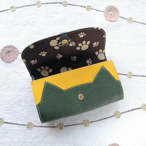 猫の手 肉球 牛革長財布(ゆったりサイズ)／緑グリーン 長財布 craft