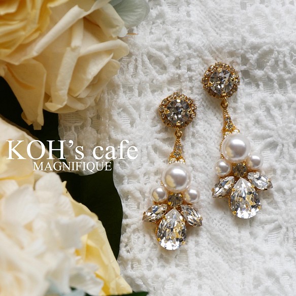 Pureté SALE 95%OFF perleクリスタルパールとスワロフスキーの花嫁すぎるブライダルイヤリング ファッションなデザイン ゴールドタイプ