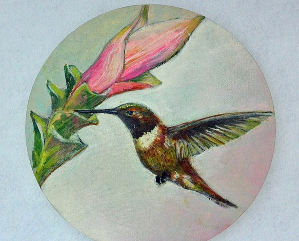 油絵・イラスト　ハチドリとピンクの花　小鳥　野鳥　トリ　植物 1枚目の画像