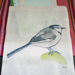 セキレイ！　ハクセキレイとキセキレイのトートバッグ（B)　両面手描き　鳥のサブバッグ・エコバッグ　A4サイズ 1枚目の画像