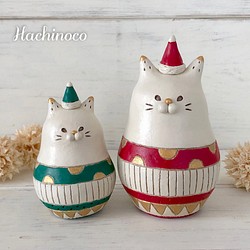 【受注制作 ３週間程】陶土 クリスマス サンタ猫マトリョーシカセット 1枚目の画像