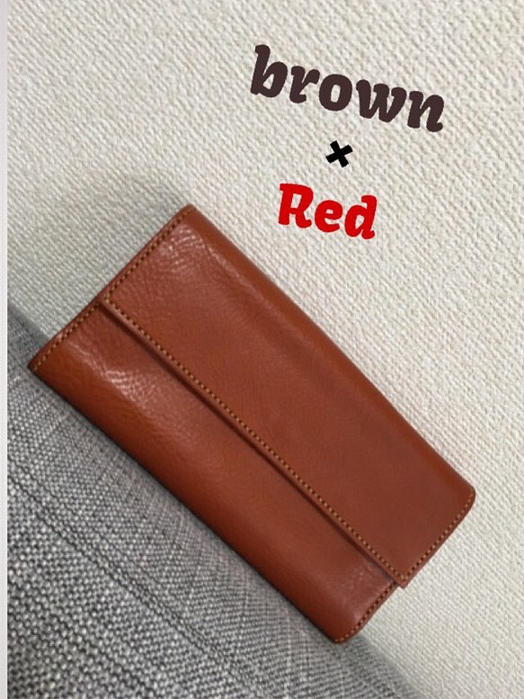バイカラー長財布 がま口タイプ 茶×赤 1枚目の画像