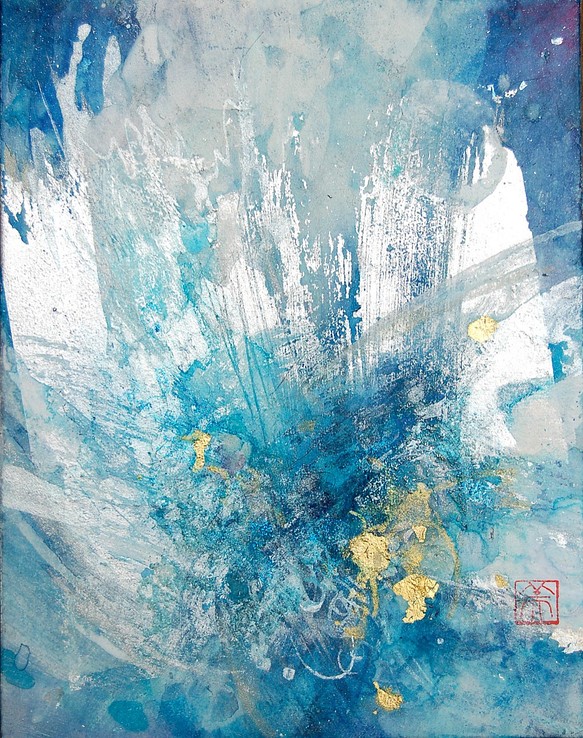 BLUE VI (ブルーとシルバー(銀箔)が涼しげな抽象日本画) 絵画