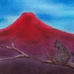 赤富士と猫（パステル画　原画） 1枚目の画像