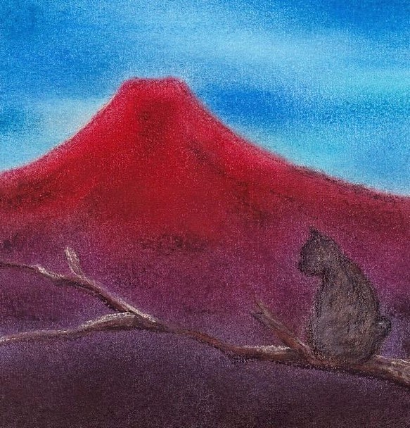 赤富士と猫（パステル画　原画） 1枚目の画像