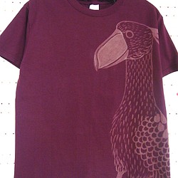 両面絵柄・ハシビロコウ・嘴広鸛・でかい動かない鳥・レディスS〜M対応サイズ（150〜160cm）えんじ・手描きTシャツ 1枚目の画像