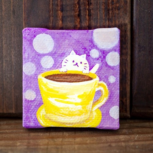 タイトル【コーヒー】〈ミニサイズ 原画 アクリル絵の具 アクリル画 猫