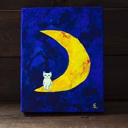 「月夜」　　　　　＃三日月＃猫＃白猫＃夜＃青＃アクリル絵の具＃友達 1枚目の画像