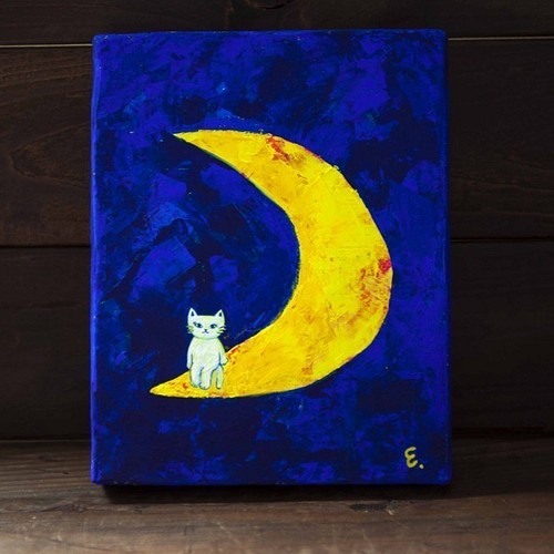 月夜」 ＃三日月＃猫＃白猫＃夜＃青＃アクリル絵の具＃友達 絵画 森の