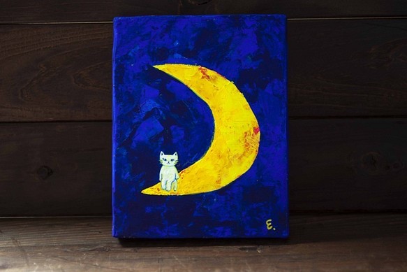 「月夜」　　　　　＃三日月＃猫＃白猫＃夜＃青＃アクリル絵の具＃友達 1枚目の画像