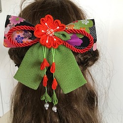 えんじと深緑の桜リボンの髪飾りセット