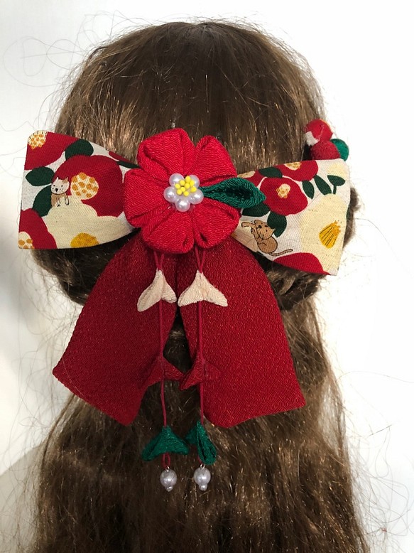 赤と茶色の椿のリボンの髪飾りセット（卒業式・袴・ちりめん細工）