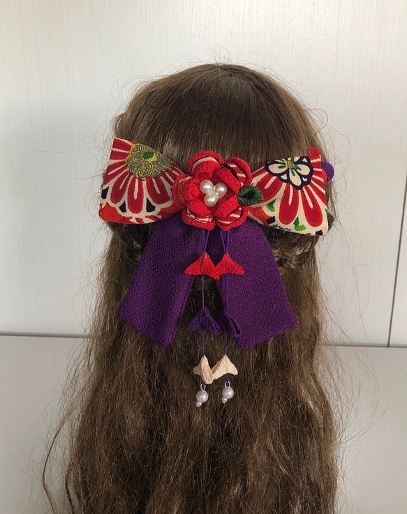 赤と紫の古典柄リボンの髪飾りセット 卒業式 ちりめん細工 売り込み クリスマスファッション 袴