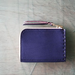 L字ファスナーの小型財布　ネイビー/紺糸/カーキ 1枚目の画像