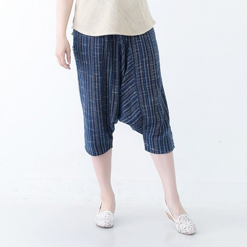 Tomo 』コットン100% 手織り クロップド丈 インディゴ染め 縞模様 サルエルパンツ ハーフパンツ Tomo Natural Fabrics  通販｜Creema(クリーマ) 12172469