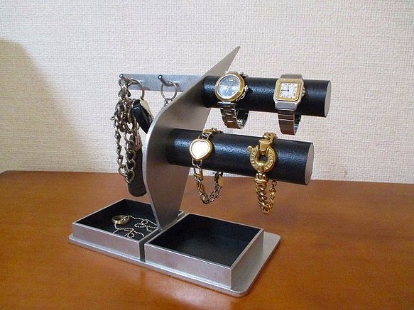 プレゼントにどうですか？時計スタンド　腕時計、キー、ダブルトレイスタンド　ブラック 1枚目の画像