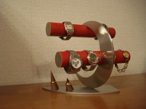 ハロウィンプレゼントに！レッド丸パイプ三日月8本掛け腕時計スタンド　リングスタンド　ak-design 1枚目の画像