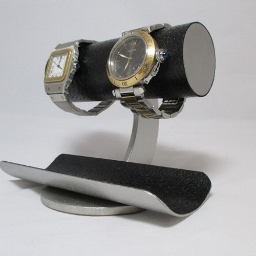 腕時計スタンド 黒2本掛けロングトレイ丸パイプ腕時計スタンド
