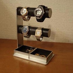 腕時計スタンド　丸パイプ2段でかいトレイ4〜6本掛けブラック腕時計スタンド 　ak-design 1枚目の画像