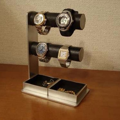 時計スタンド 丸パイプ2段でかいトレイ4〜6本掛けブラック腕時計