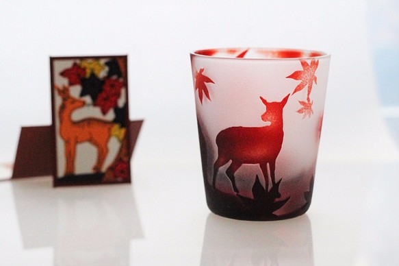 [Hanafuda Glass] Momiji deer~ 玻璃杯 酒杯 Made-to-order 第1張的照片